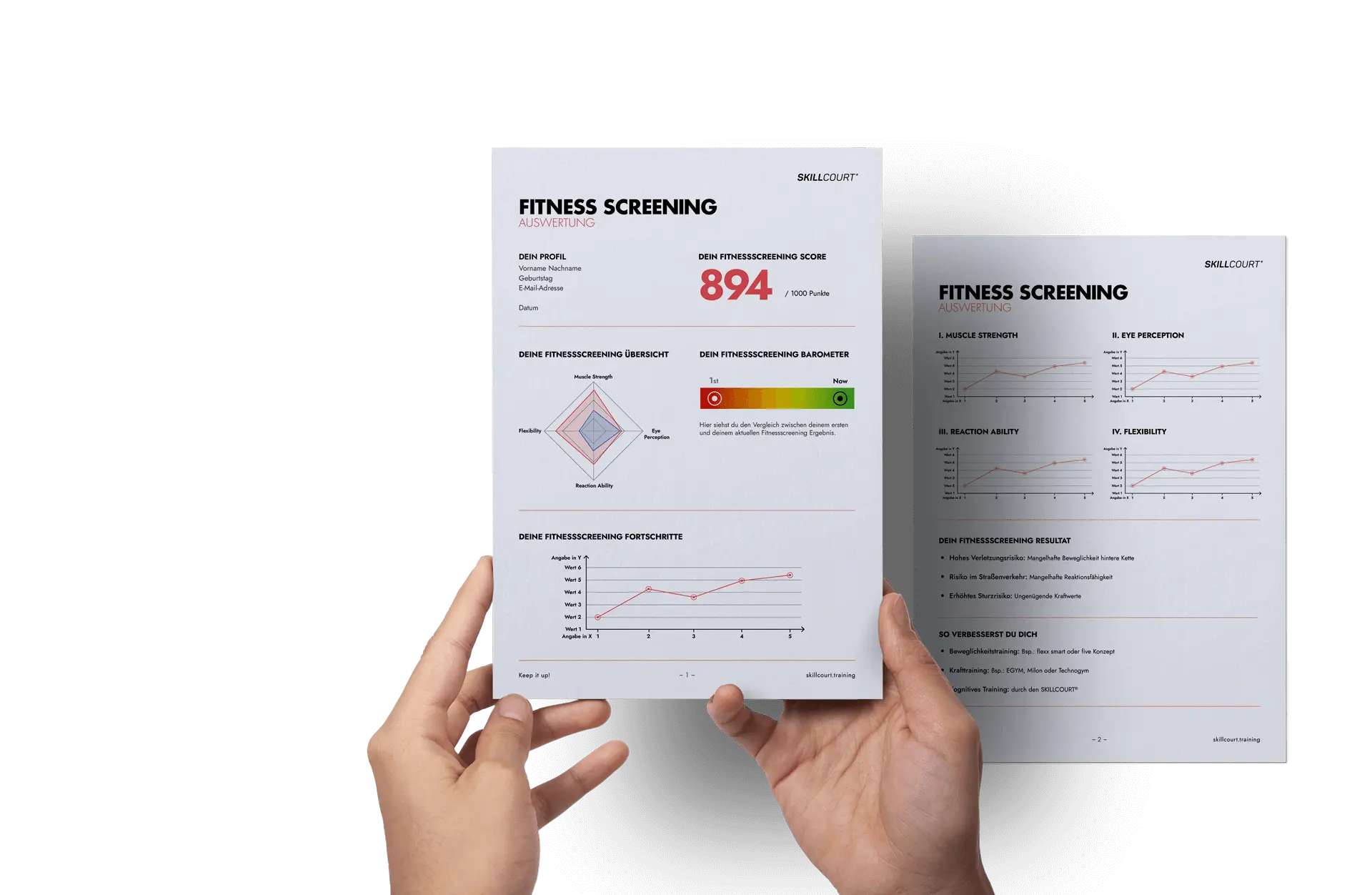 Hands hold the evaluation of the fitness screening